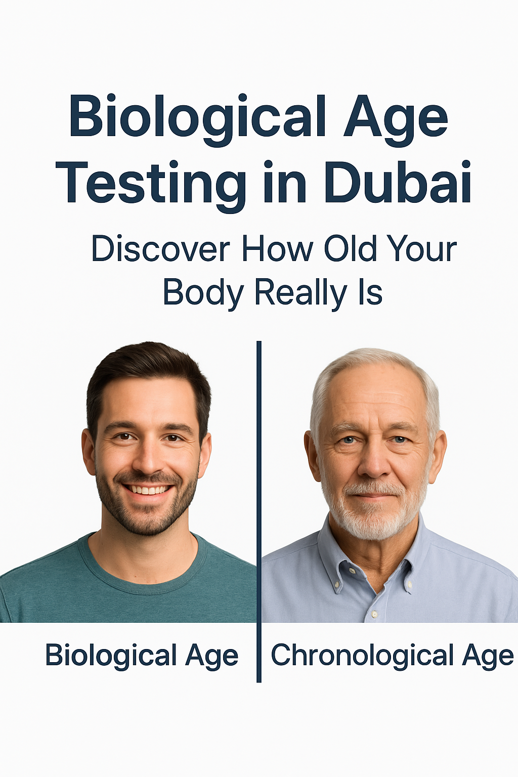 Biological age testing in Dubai – DNA and wellness concept.left side of the image showcasing young version of a healthy male while right side of the image showcasing old version of the same male and explaining difference between biological age and chronological age of a man.