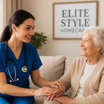 Smiling elderly woman sitting comfortably at home with a professional nurse from Elite Style Homecare, representing trusted nursing care for elderly at home Dubai with compassion and dignity.