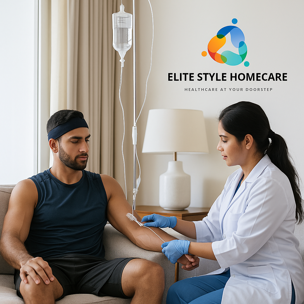 A young healthy male athlete having IV drips at his home, by A female medical professional. IV drips will help to boost immunity, better health and faster recovery.