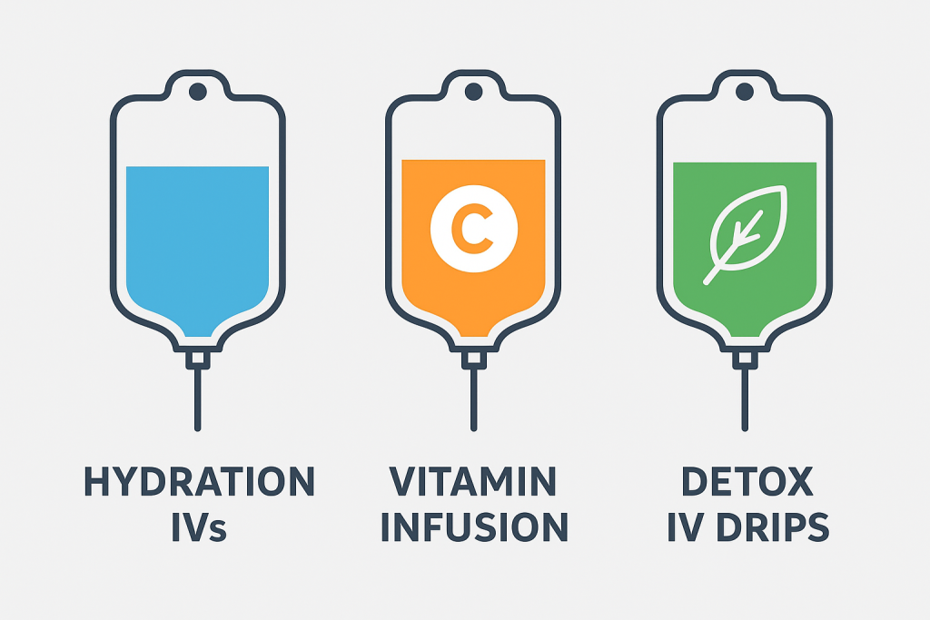 Different types of IV drip therapies in Dubai including hydration, detox, and vitamin infusions