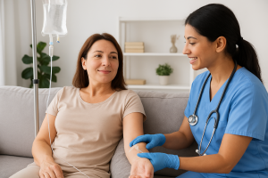 IV drip setup with vitamins and hydration fluids prepared by Elite Style Homecare for home service in Dubai