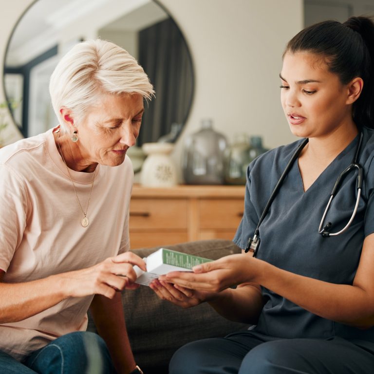 Home, healthcare and doctor help elderly patient in assisted living care facility, explain medicine